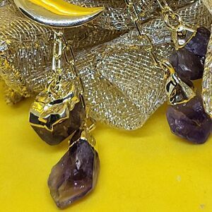 New, Not Worn, Brazilian  Amethyst, Point-Moon-Earings, in Goldtone